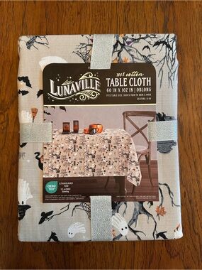 Halloween Oblong Tablecloth with Ghosts, Witch Hats, Pumpkins, Black Cats